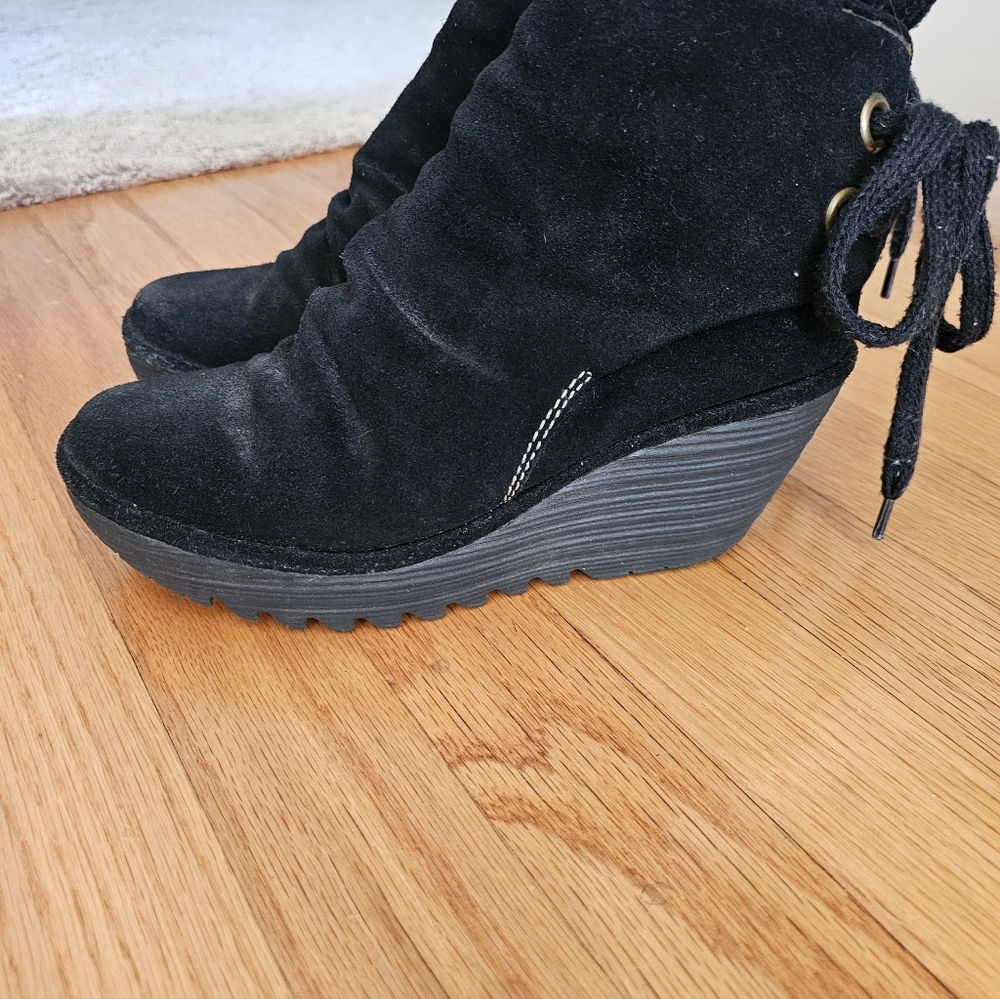 Fly London Black Suede Wedge Shoes